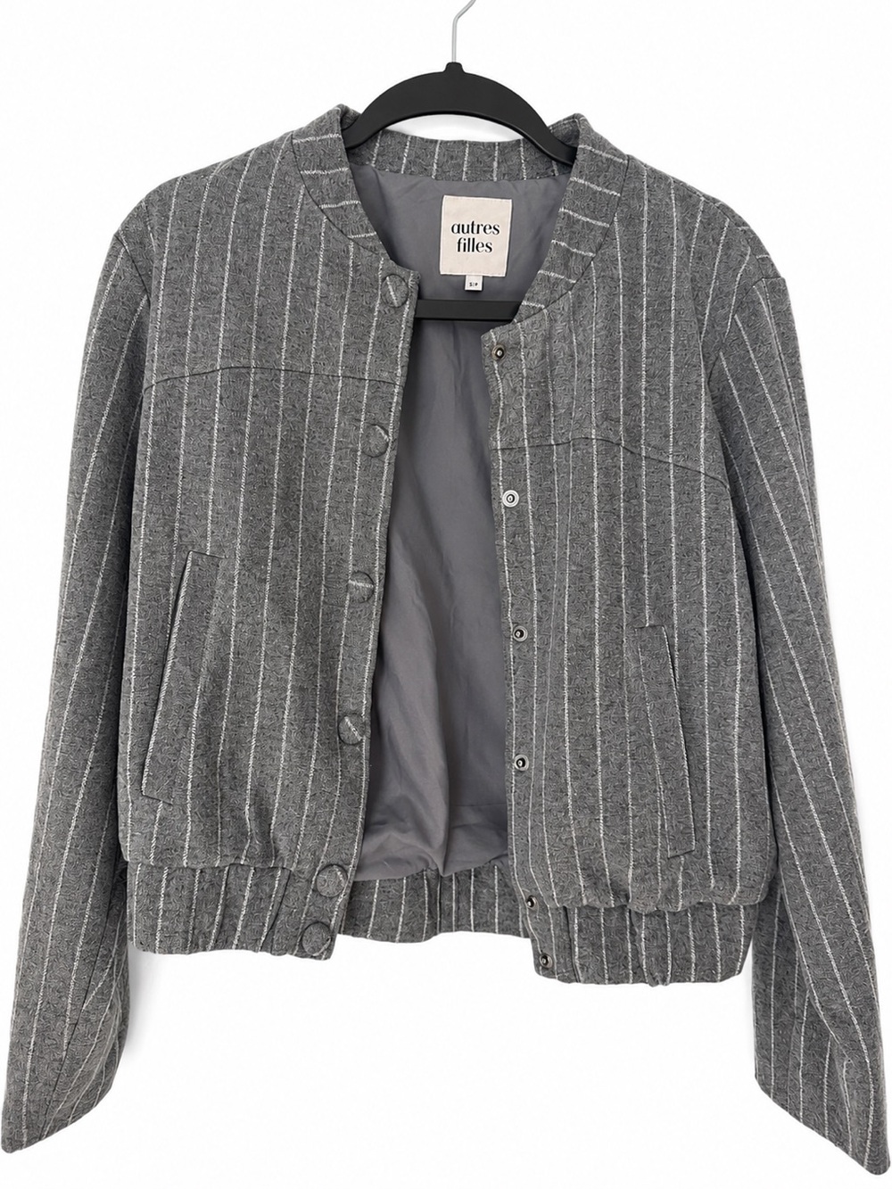 Autres Filles Gray Pinstripe Bomberu Jacket Snap Front Cropped Career Chic S/P